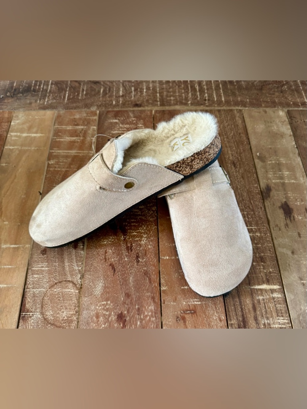 Yoki Faux Suede Sherpa Lined Clog Slippers Beige Buckle Mule Size 10